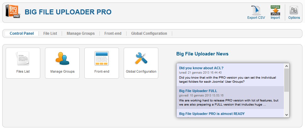 bigfileuploaderPRO dashboard